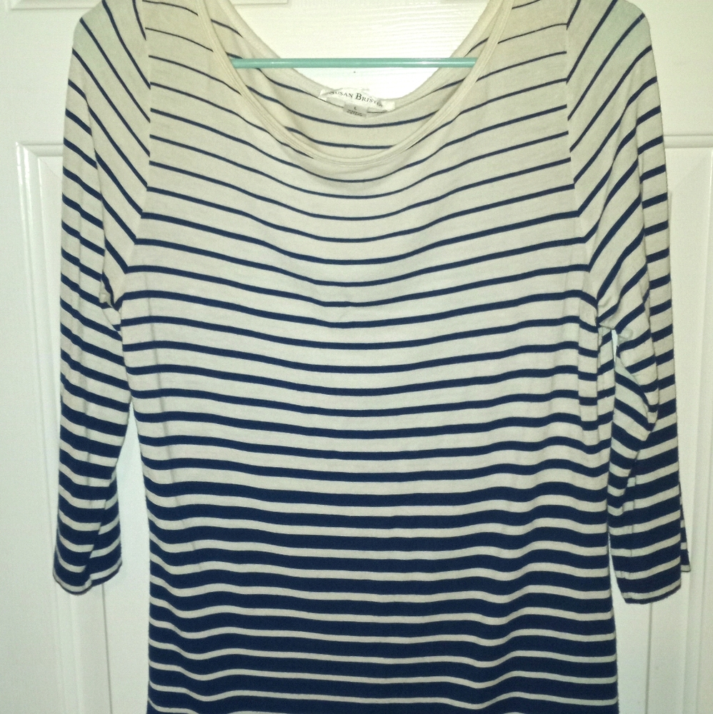 Susan Bristol blue and cream swoop neck blouse